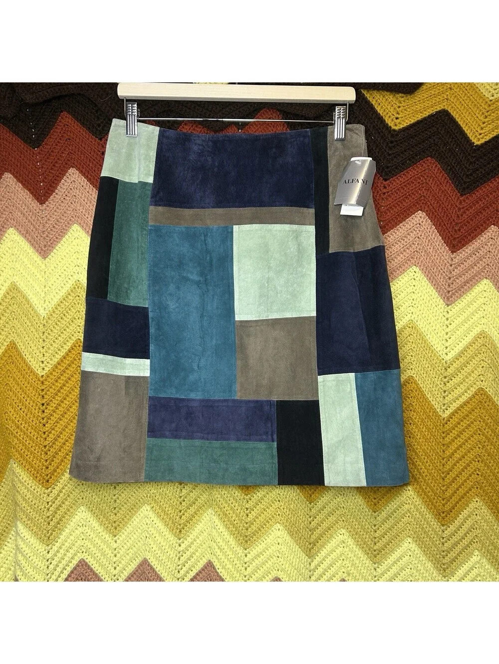 Rare Alfani Suede Leather Vintage Y2K Boho Multicolored Skirt (Sz 10) Patchwork
